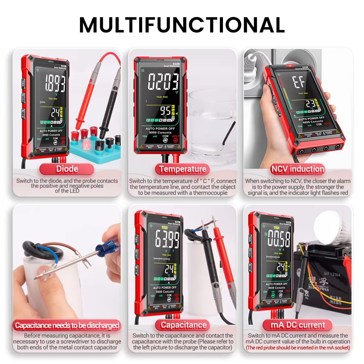 Serplex® Digital Multimeter Tester with Flashlight 9000 Counts Voltmeter Battery Operated Multimeter Measures AC/DC Current/NCV/Voltage/Ohm/Amp/Resistance/Countinuity/Capacitance/Temperature