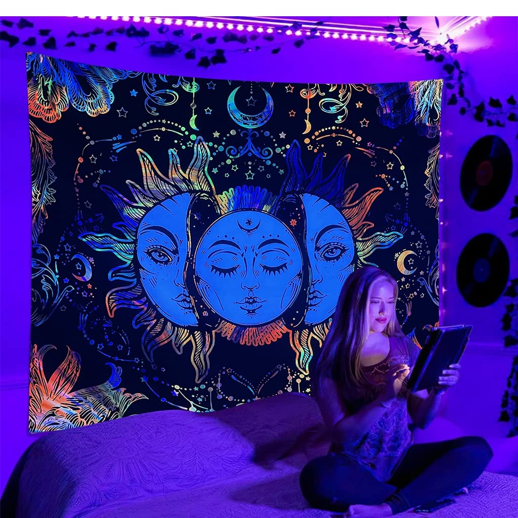 HASTHIP® Uv Luminous Tapestry Uv Reactive Tapestry Glow In The Dark Sun And Moon Tapestry Uv Reactive Tapestry Wall Hanging (51Inch X 59Inch) (Multi-Colour)