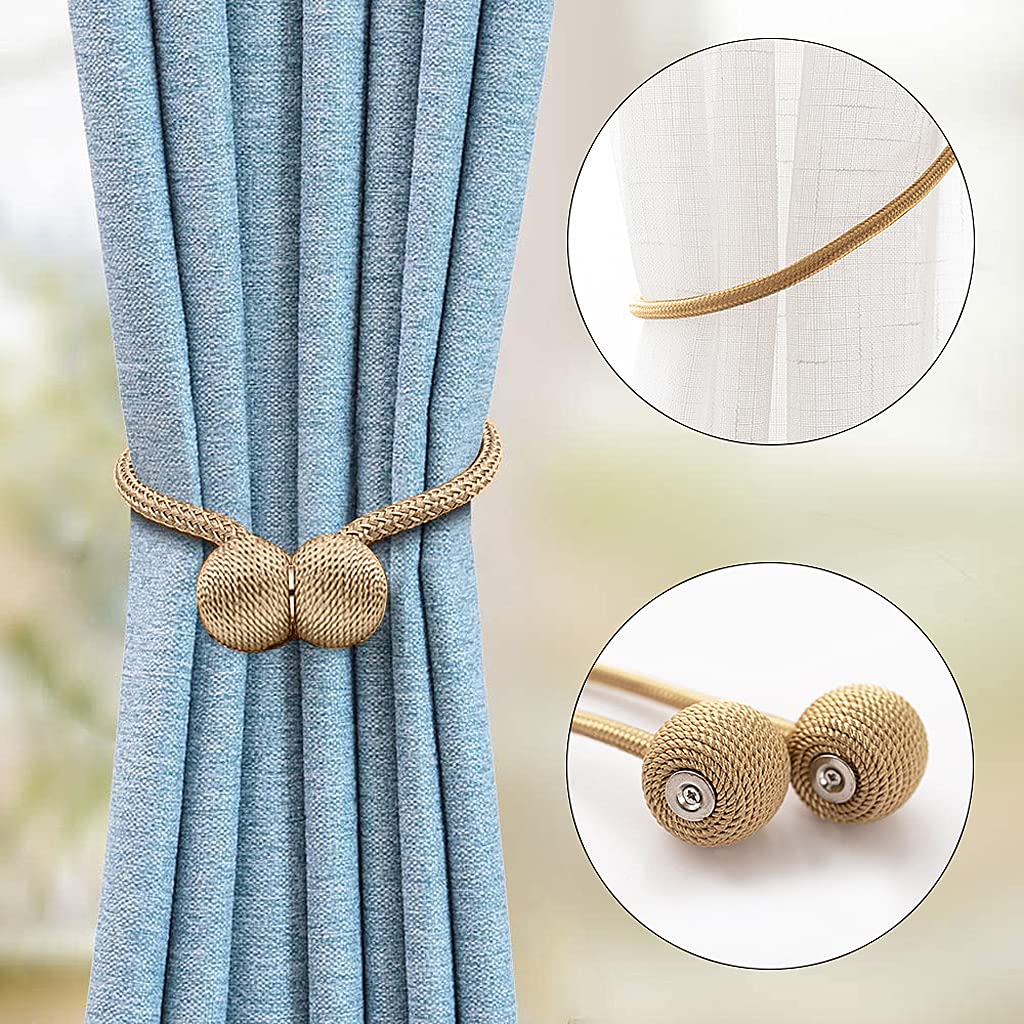 HASTHIP Magnetic Curtain Tiebacks Pack of 2 with Strong Magnet and Gold Polyester Rope | Ideal for Home and Office Drapes