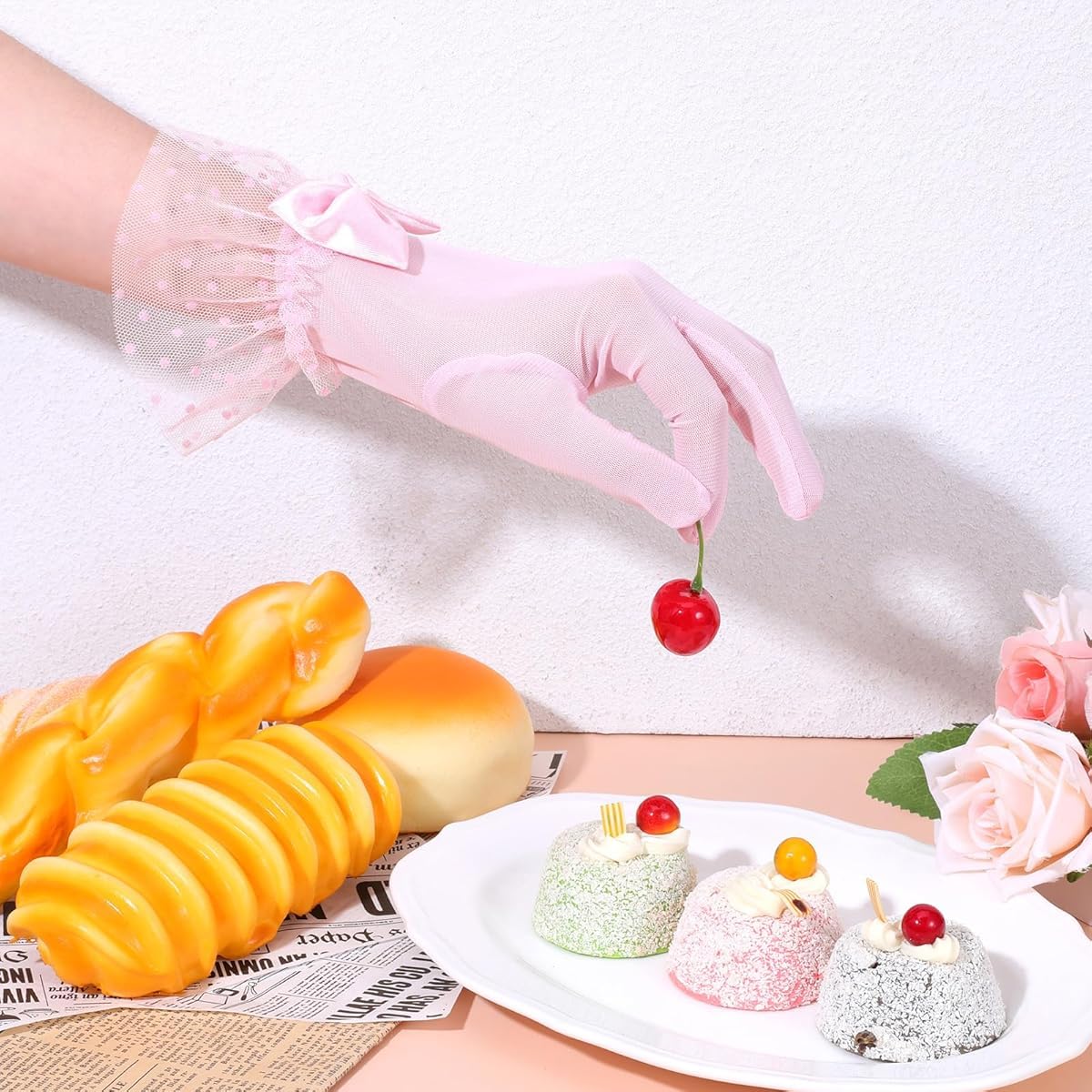 PALAY Lace Gloves for Wedding and Party with Satin Bow and Polka Dot Cuff | Pink Mesh Elegance