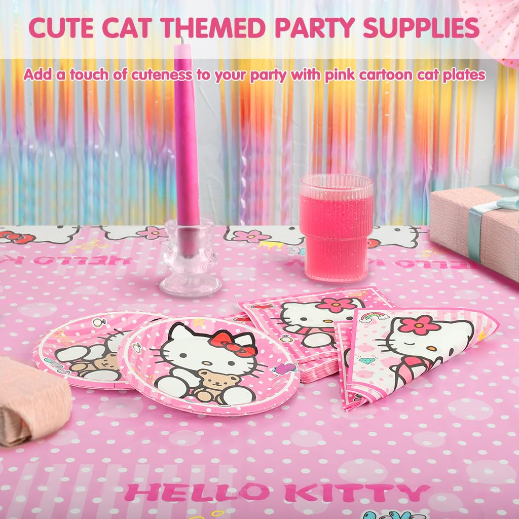 Supvox Party Supplies for Birthdays with 20pcs 7in Pink Kitty Plates and Table Cloth | Easy Cleanup