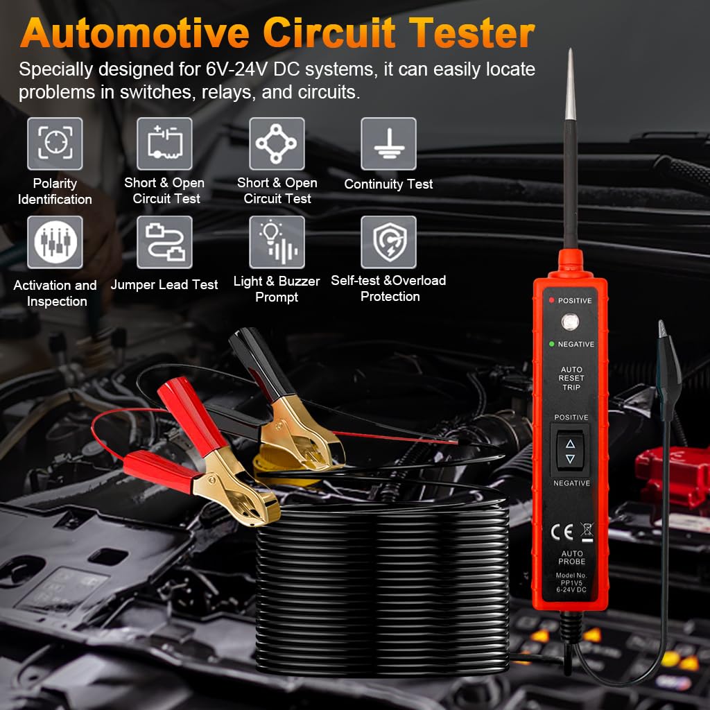 Serplex® Power Circuit Tester 6-24V DC Test Light Short Circuit Tester Component Activation Electrical Voltage Tester Polarity Identify Continuity Tester with LED Light, Long Test Lead