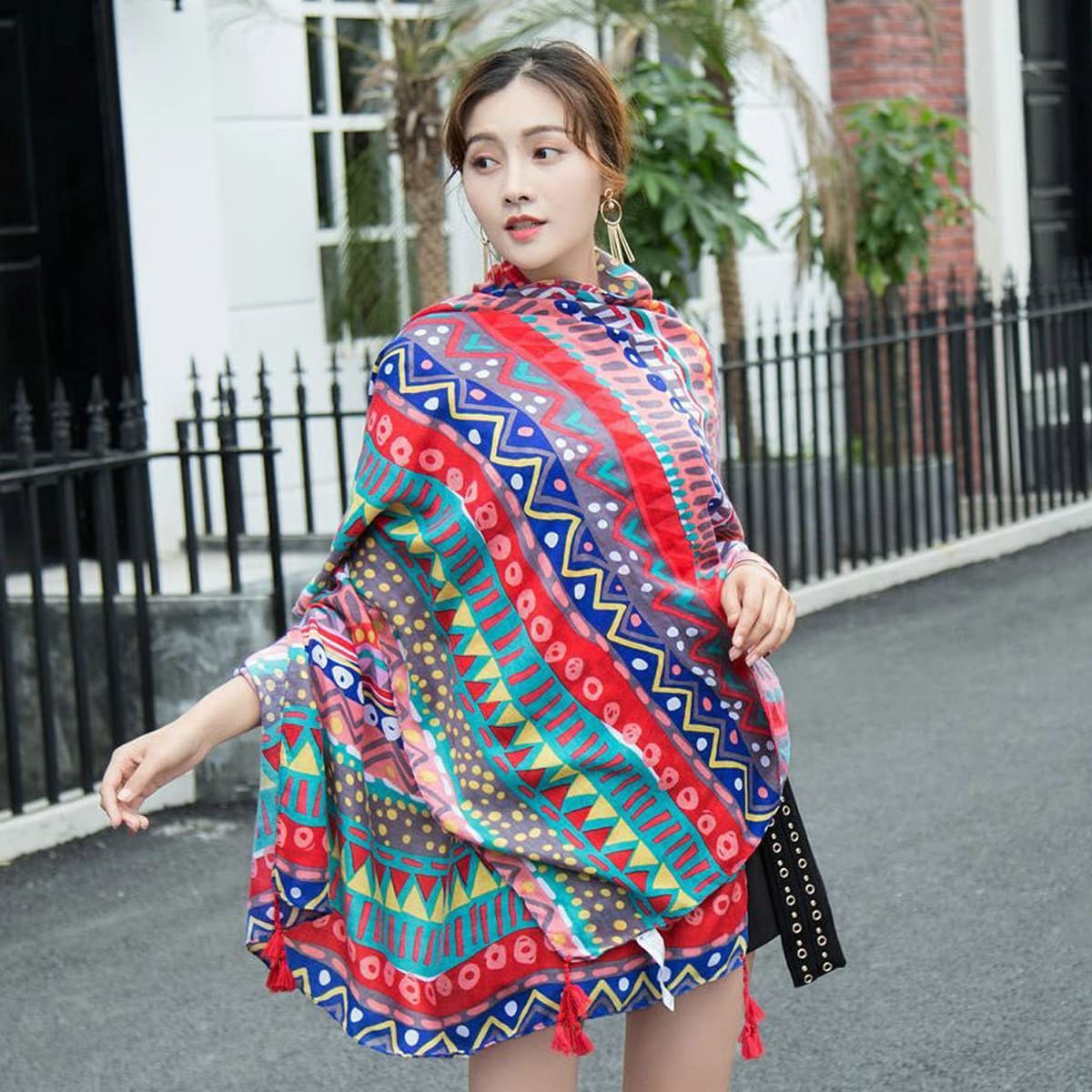 Venzina Long Shawl for Women with Geometric Print and Tassels 180 x 90cm Satin Scarf Wrap