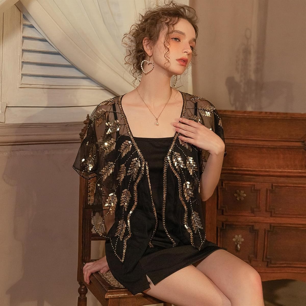 SANNIDHI Sheer Wrap Cape Shawl for Evening Gown featuring Gold Sequin Tie Up Design | Elegant Cover Up for Women