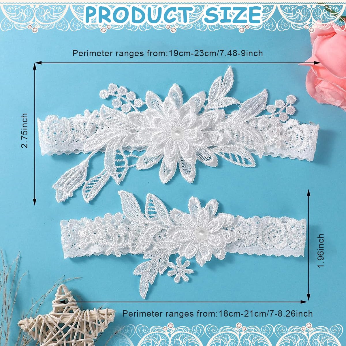 PALAY Lace Wedding Garters for Bride featuring Daisy Applique with Faux Pearl | 2pcs White Stretchy Set