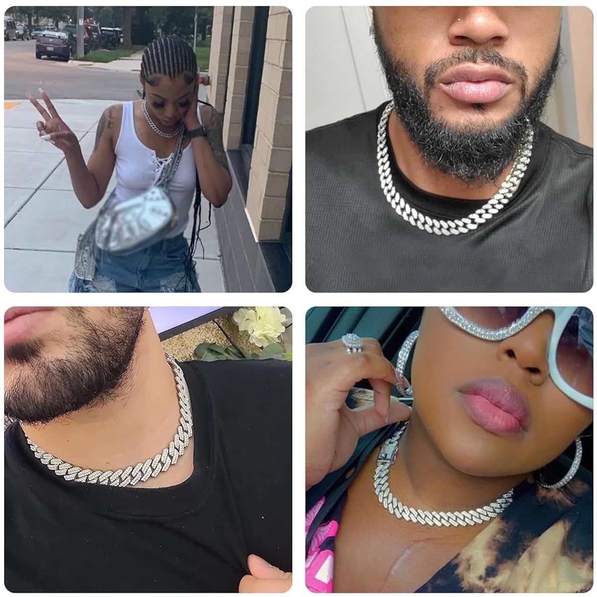 Zibuyu Chain for Men with 13mm Cuban Zircon Links and Platinum Silver Finish | 19.6 inch Necklace