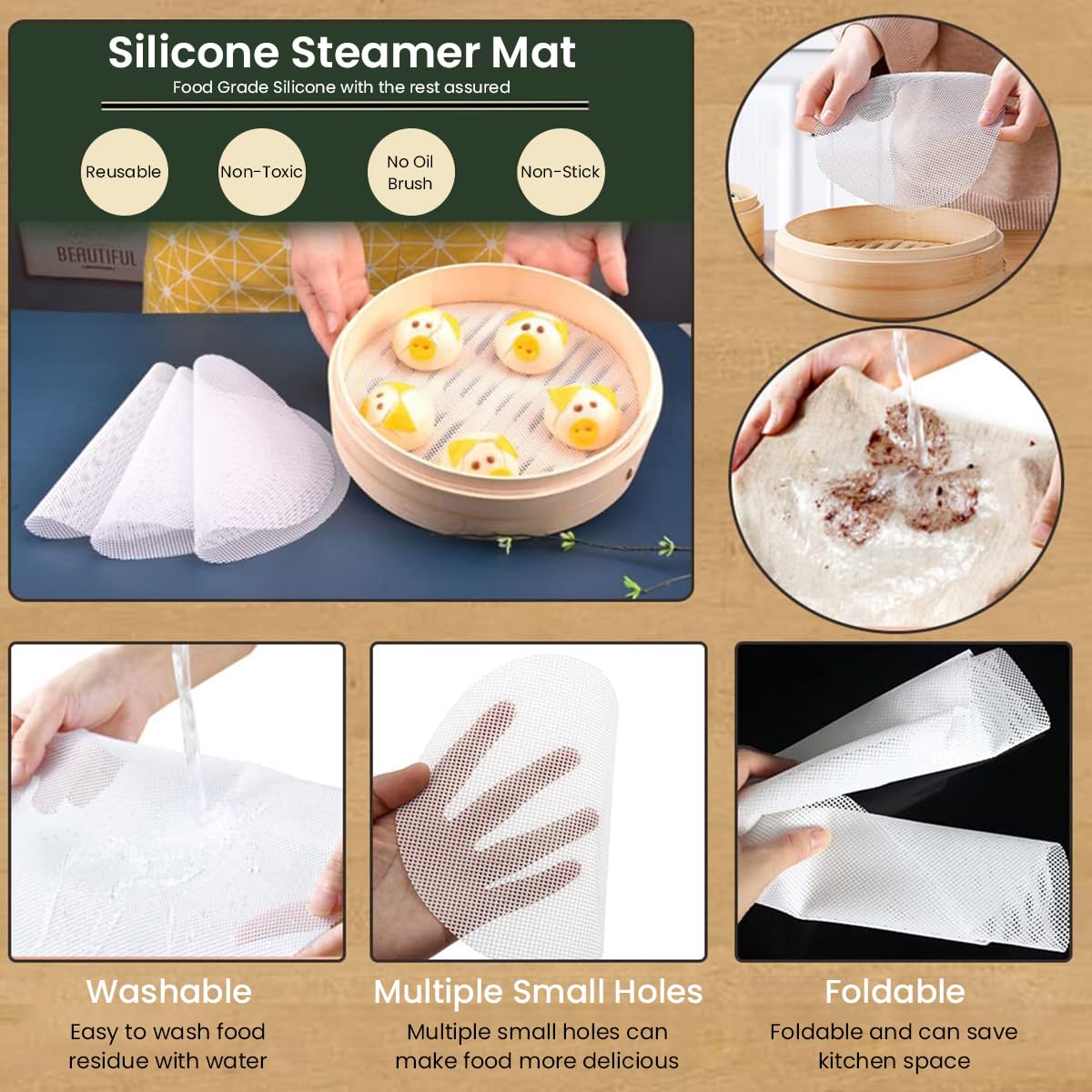 Supvox Silicone Steamer Liners for Dumplings and Pastry with Non Stick Mesh | 5pcs 7.8 in Reusable Pads