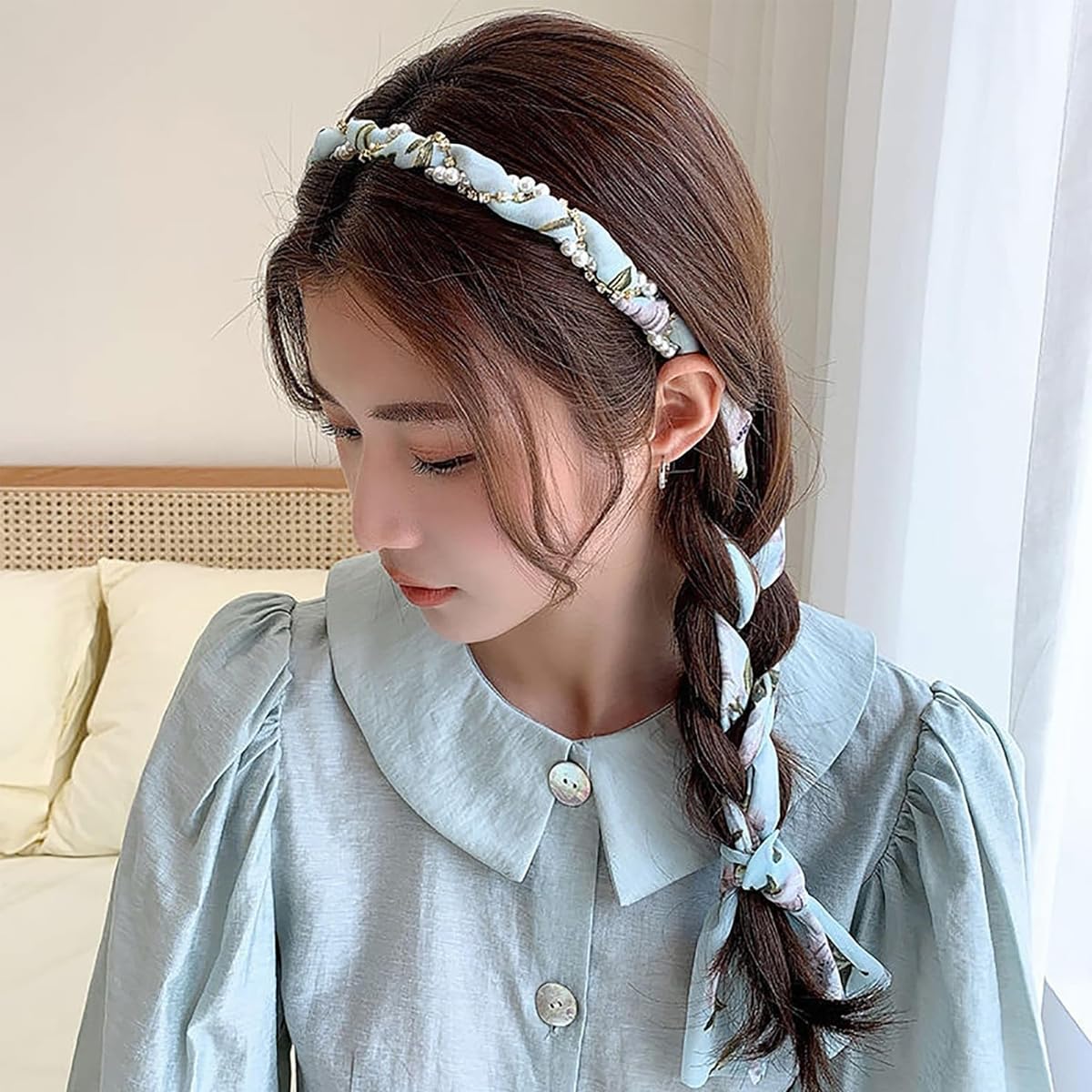 PALAY Ribbon Hair Band for Women with Braided Design and Pearl Floral Prints | 2Pcs Set