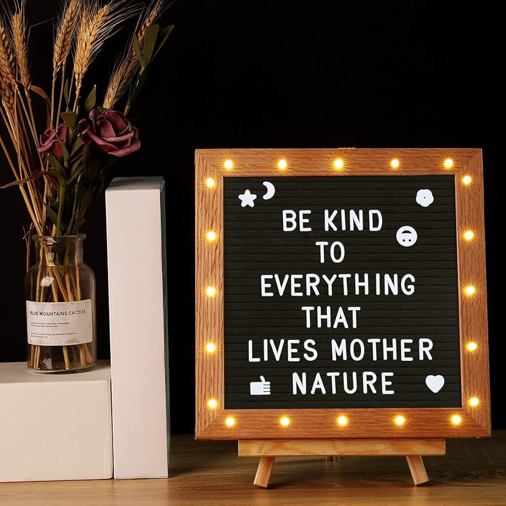 Climberty® 10x10 Inches Felt Letter Board with LED Lights for Sign Message Announcement Wall Decor Changeable Board Stand 340 White Letters Symbols Scissors Drawstring Bag 2 PCS