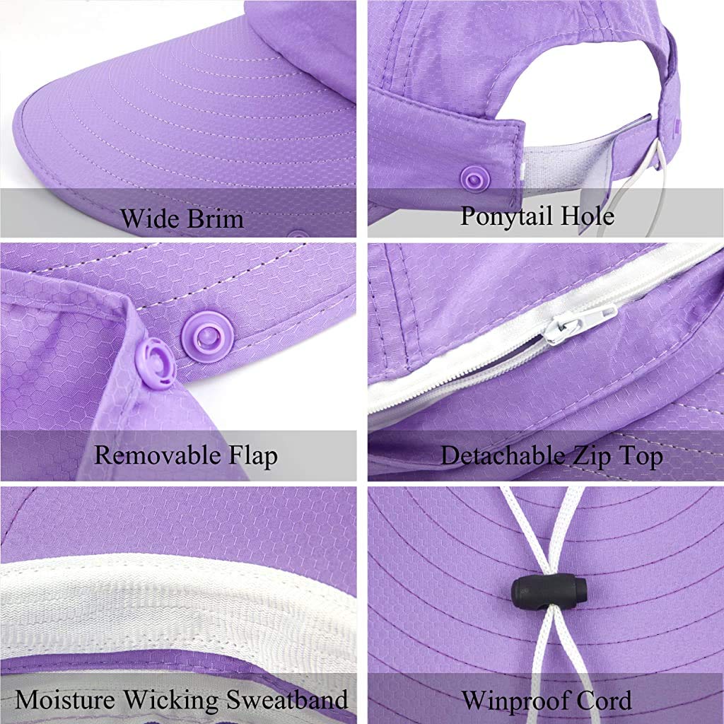 GUSTAVE® Women Sun Wide Brim UV Protection Fishing Hat Foldable Ponytail Summer Hats with Detachable Flaps Purple