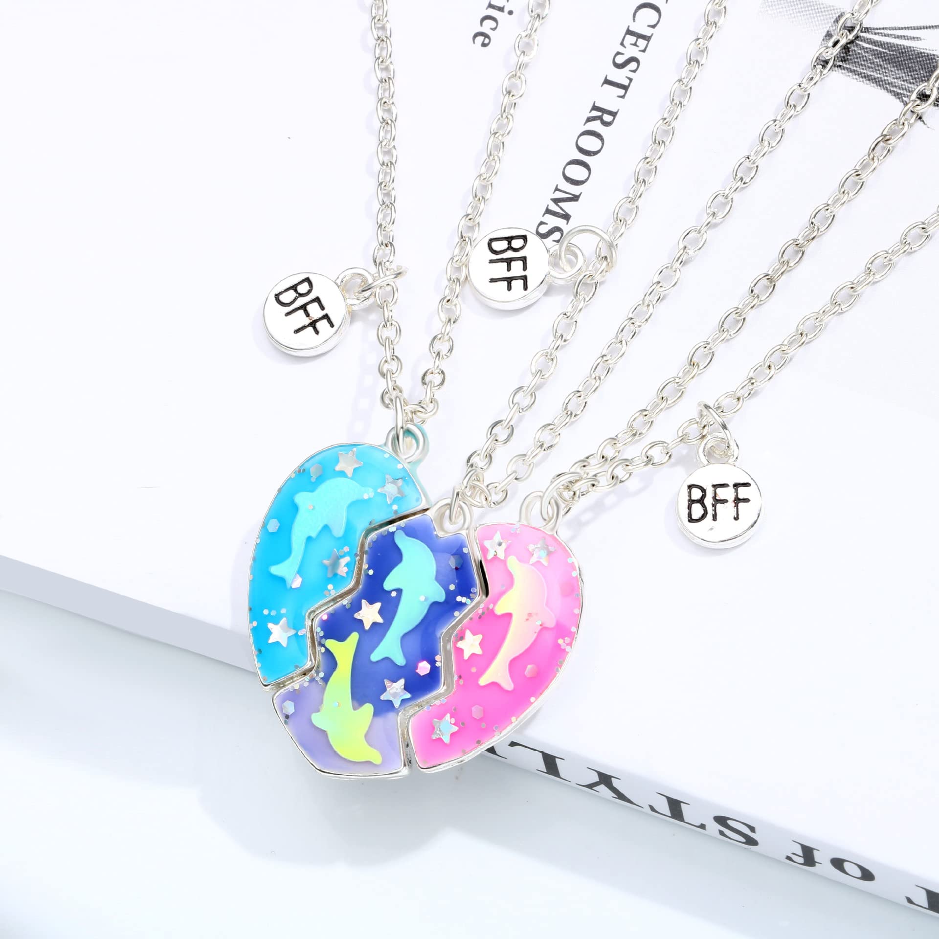 Zibuyu Friendship Necklace Set for Girls featuring 3pcs Colorful Dolphins Enamel Heart Charm