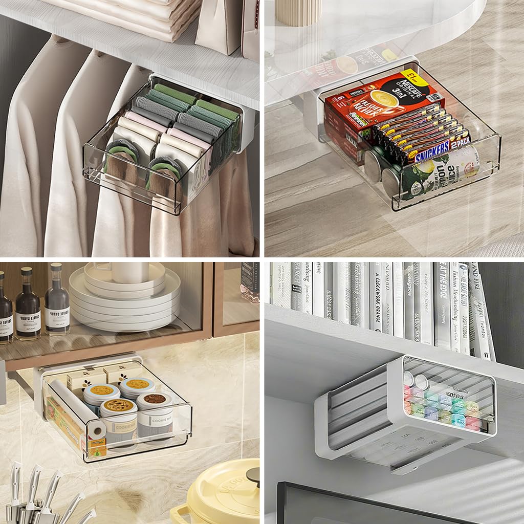 OFIFO Under Desk Drawer Organizer for Office and Home with Smooth Pull Out 7.8x5.9x3.3 in | Transparent PET No Drill Storage Box
