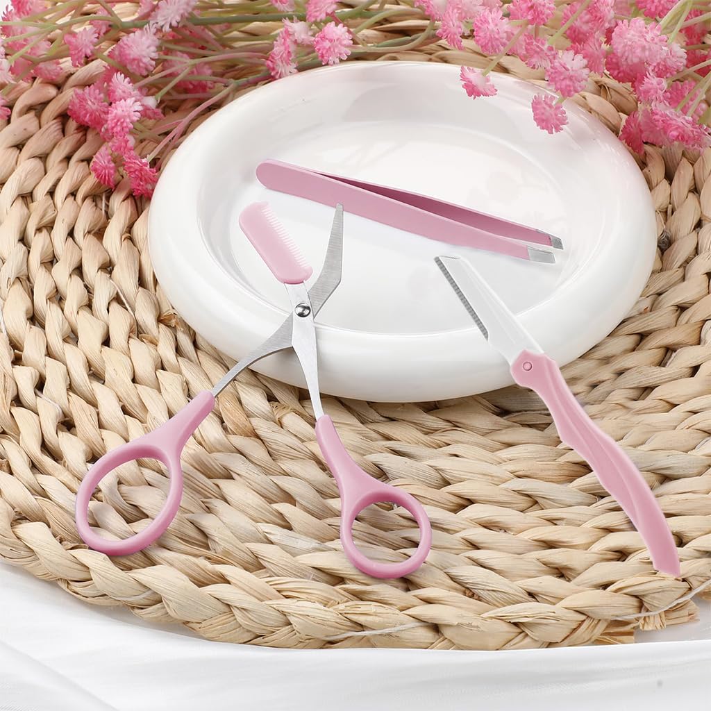 MAYCREATE Eyebrow Trimming Kit 3Pcs for Shaping and Hair Removal with Folding Razor | Pink Stainless Steel Tools in PU Leather Case