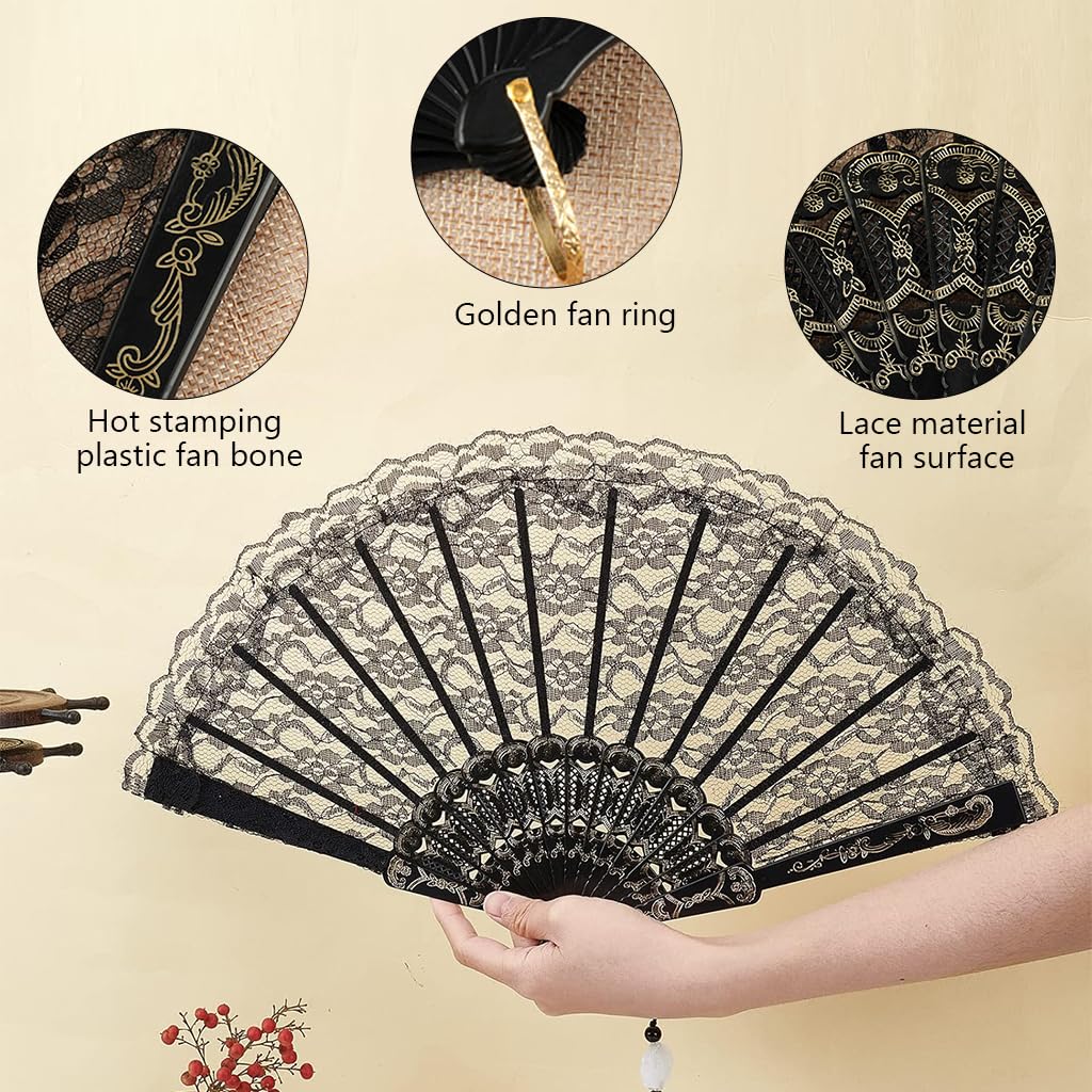 HASTHIP® Hand Fan Chinese Fan Hand Fan Black Lace Tassel Fan Chinese Fan Vintage Folding Hand Fan Gift for Ladies