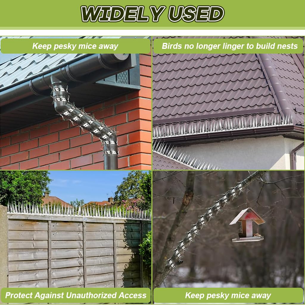 HASTHIP Pigeon Spikes for Outdoor Animal Control featuring Dual Row 48mm Spikes | Stainless Steel 3.3ft Strips with Gloves and Cable Tie