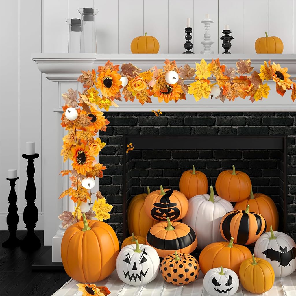 HASTHIP Autumn Maple Leaf Pumpkin Garland for Home Decor with Berries 2M 6.5FT | Fall Thanksgiving and Halloween Decoration