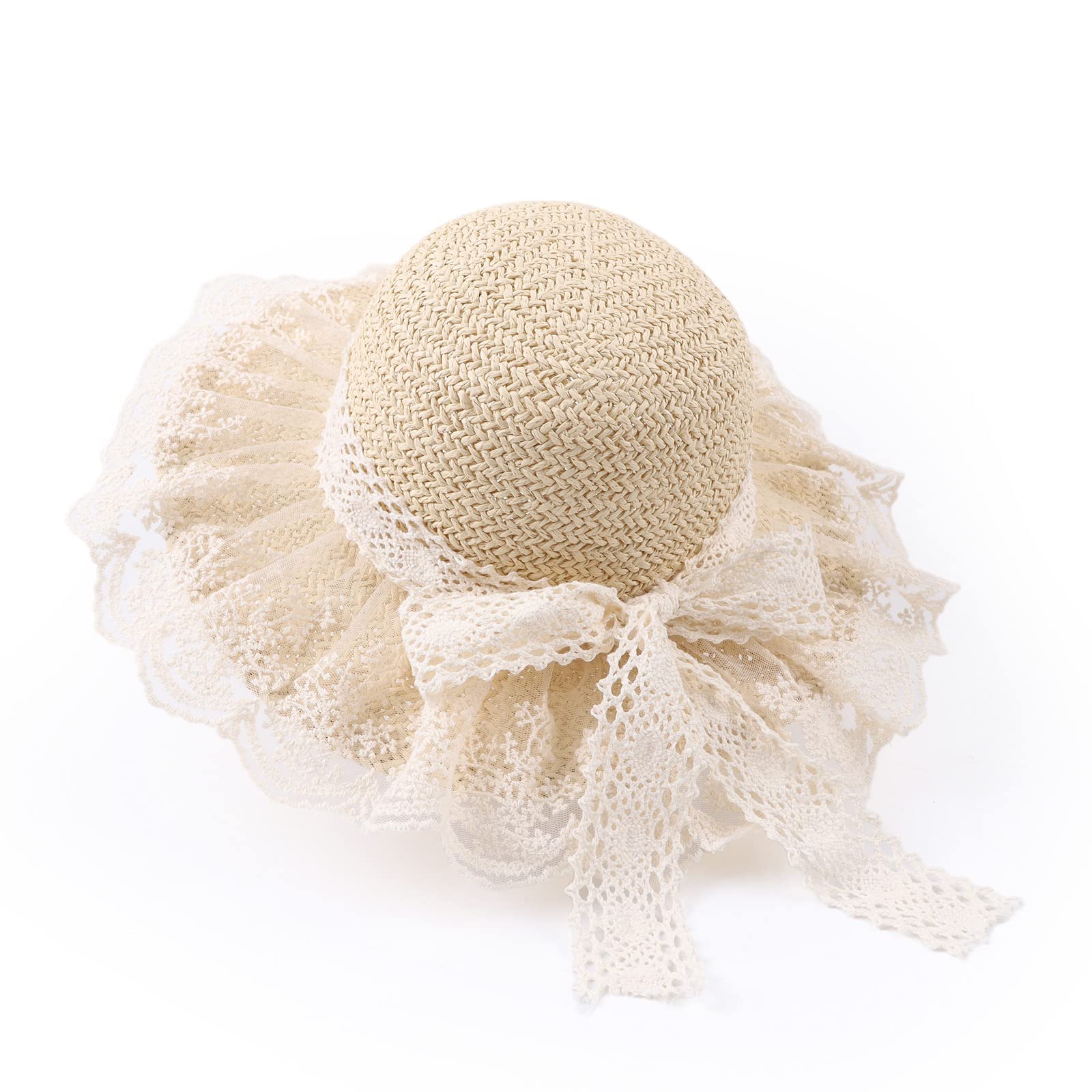 SNOWIE SOFT Girls Summer Straw Hat for Beach and Outdoor Wear featuring Adjustable Brim and Lace Bowknot 52cm