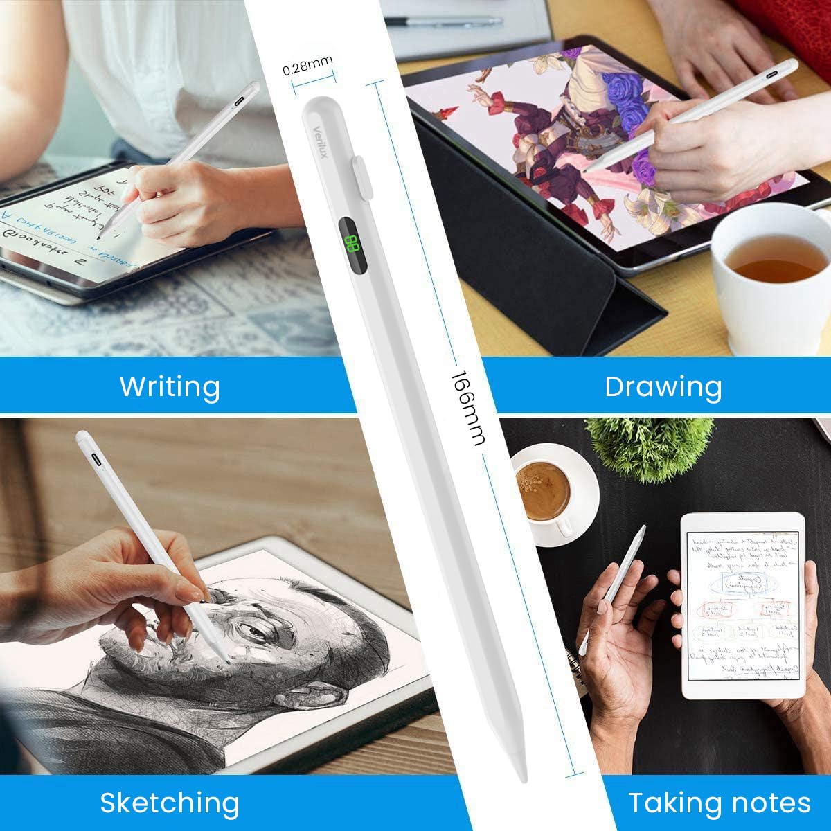 Verilux Stylus Pen for iPad 2018 and Later with LCD Power Display and Palm Rejection | Tilt Sensitivity