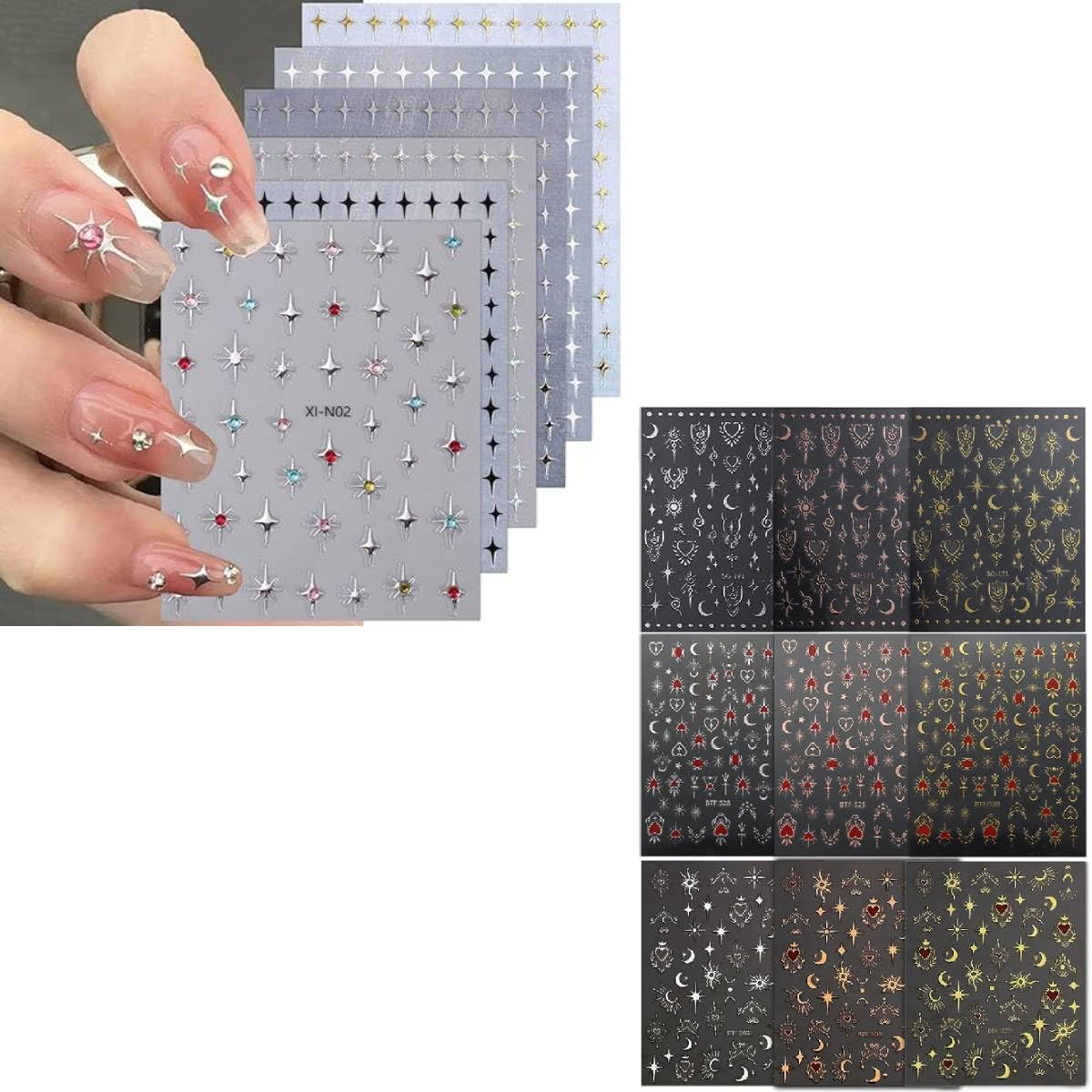 MAYCREATE 3D Nail Art Decal Combo for DIY Crafts featuring 9 Sheets Self Adhesive Designs | Crescent Sun and Galaxy Stickers