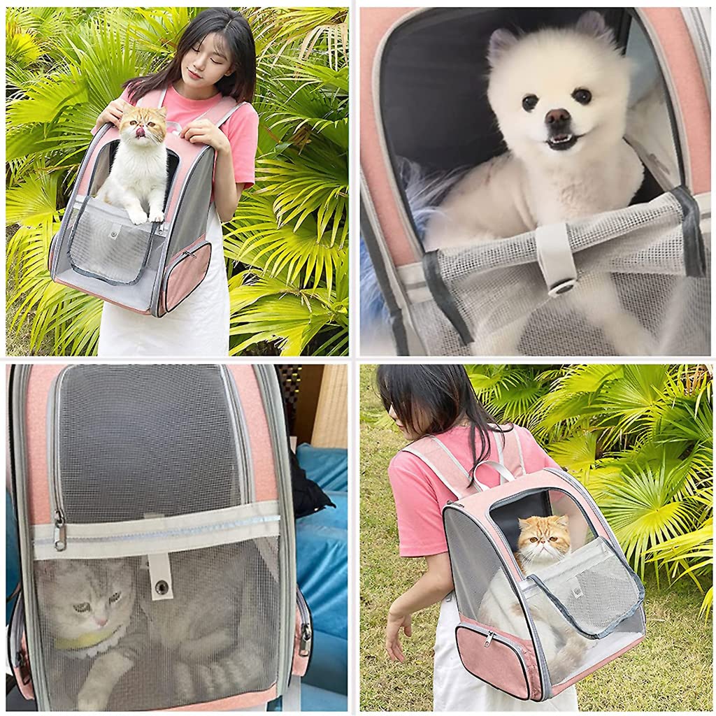Qpets® Breathable Cat Bag Carrier Backpack Combo, Expandable Pet Travel Cage for Small Cats Dogs, Hot Weather Backpack Design, Grey & Pink, Versatile for Travel, Outdoor, Vet, Everyday Use