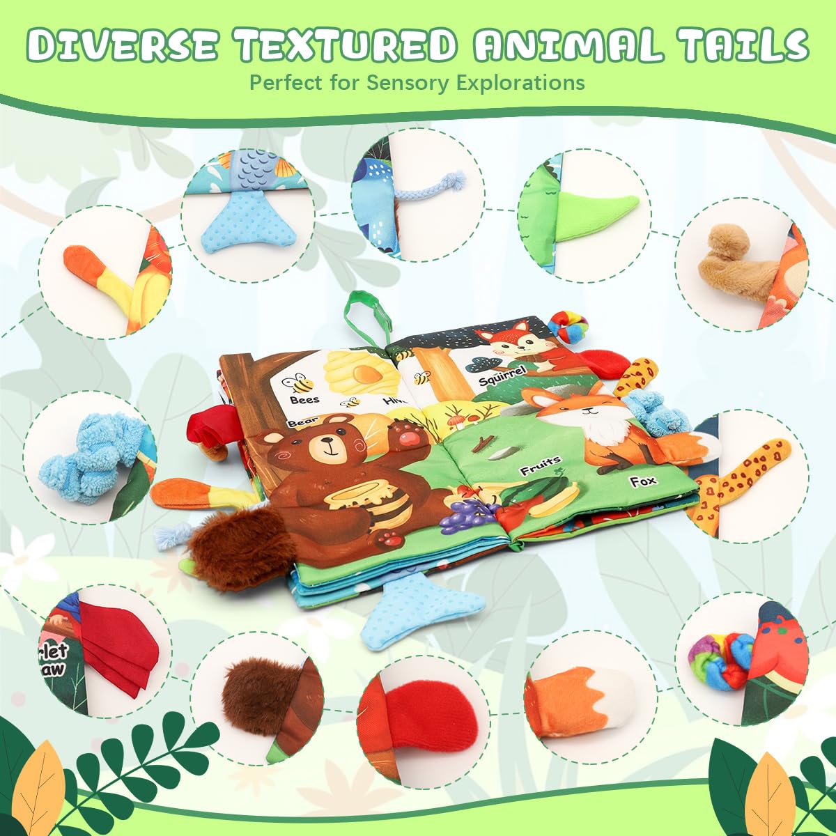 SNOWIE Soft Jungle Tails Cloth Book for Babies 6–12 Months with 12 Textures & Crinkle Sound