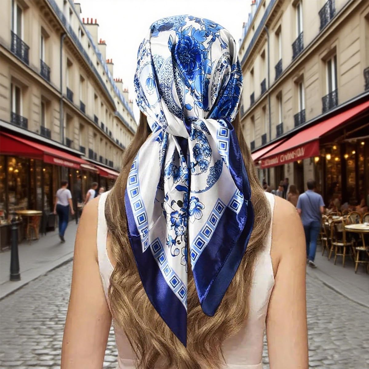 SANNIDHI Silk Scarf for Women 35x35 in featuring Blue Floral Print and Soft Satin Fabric | Versatile Neck Hair and Bag Accessory