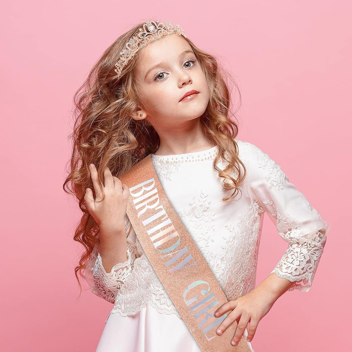 Venzina Crown Tiara for Girls with Glitter Sash and Crystal Rhinestones in Rose Gold | Birthday Party Set