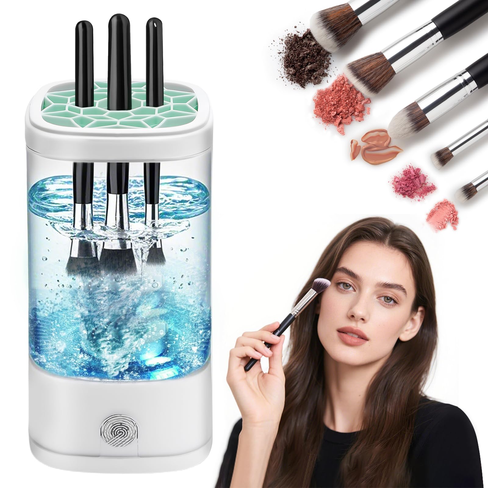 MAYCREATE® Efficient Electric Makeup Brush Cleaner Machine - 8000 RPM Automatic Cleaner with Multi-Size Silicone Holder, Deep Cleans Makeup Brushes and Sponges - White