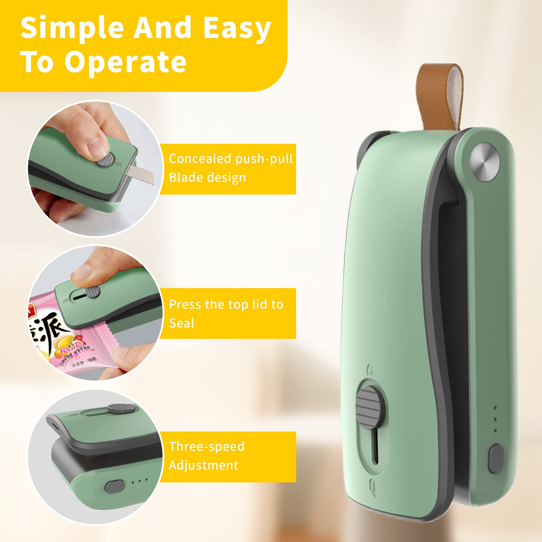 HASTHIP Mini Sealing Machine for Food Bags with Hidden Cutter and 3 Adjustable Temperatures | USB Rechargeable Compact Design