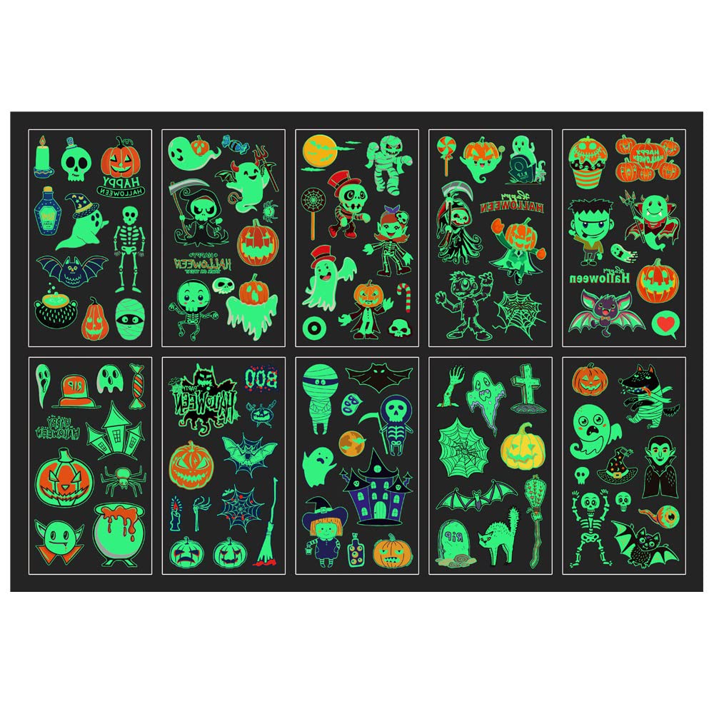 HASTHIP Temporary Tattoo Stickers for Halloween Party with Night Glow Effect | 10 Sheets