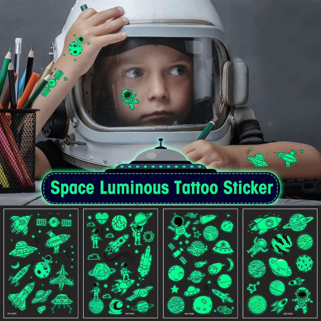 MAYCREATE® 10 Sheet Kids Tattoo Sticker Night Glowing Tattoo Sticker, Cartoon Space Theme Sticker Waterproof Temporary Tattoos for Birthday Parties, Group Activities, Cartoon Tattoo Sticker