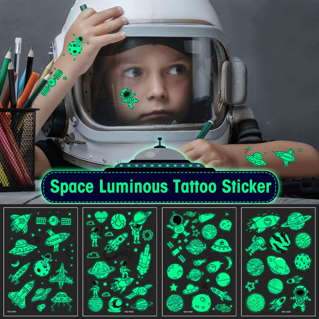 MAYCREATE Kids Tattoo Stickers for Birthday Parties featuring 10 Sheets 110x75mm Night Glow Designs