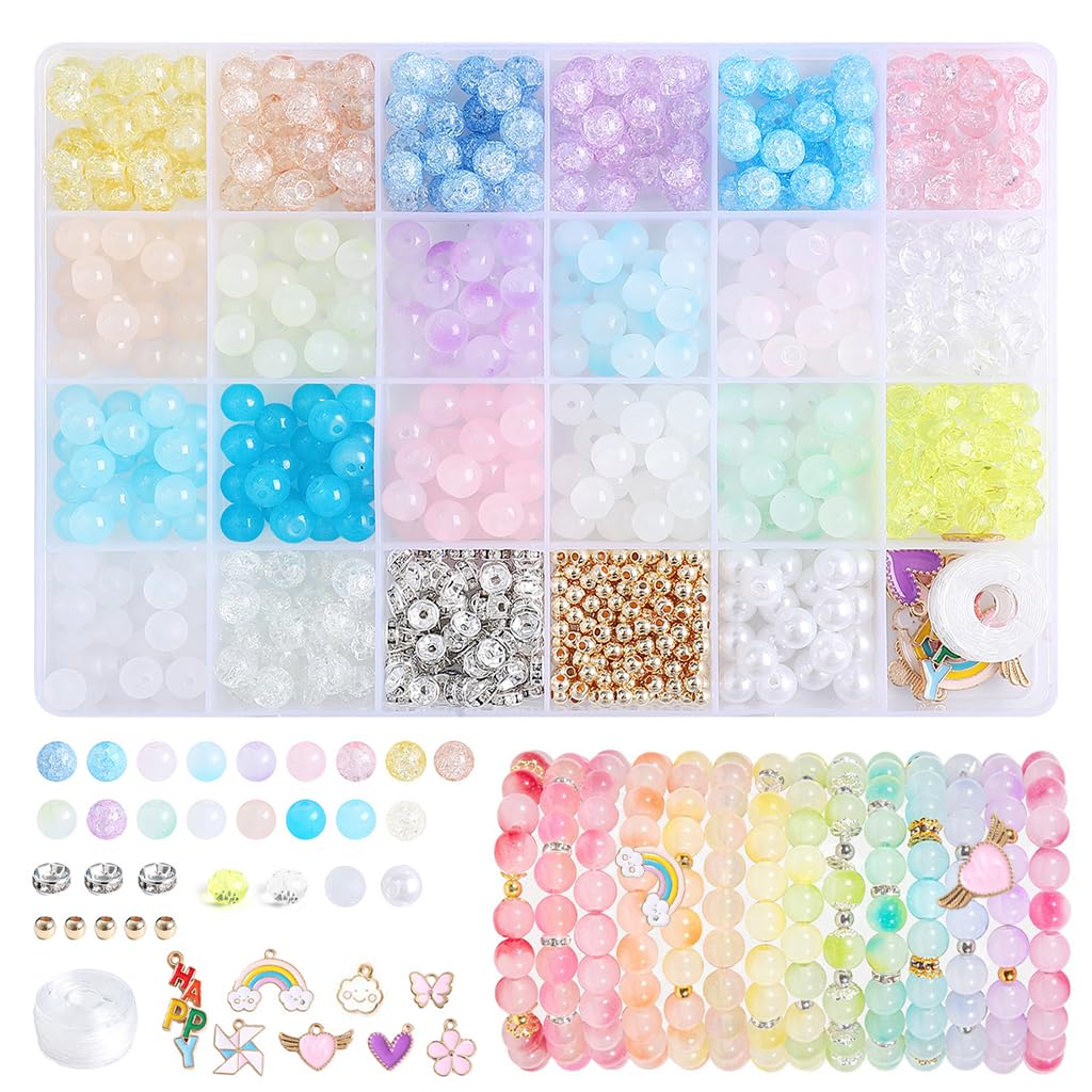 Venzina Bracelet Beads Kit for Jewellery Making with 670pcs 8mm Cracked Glass Beads | 24 Color DIY Set with Charms and Spacer Beads