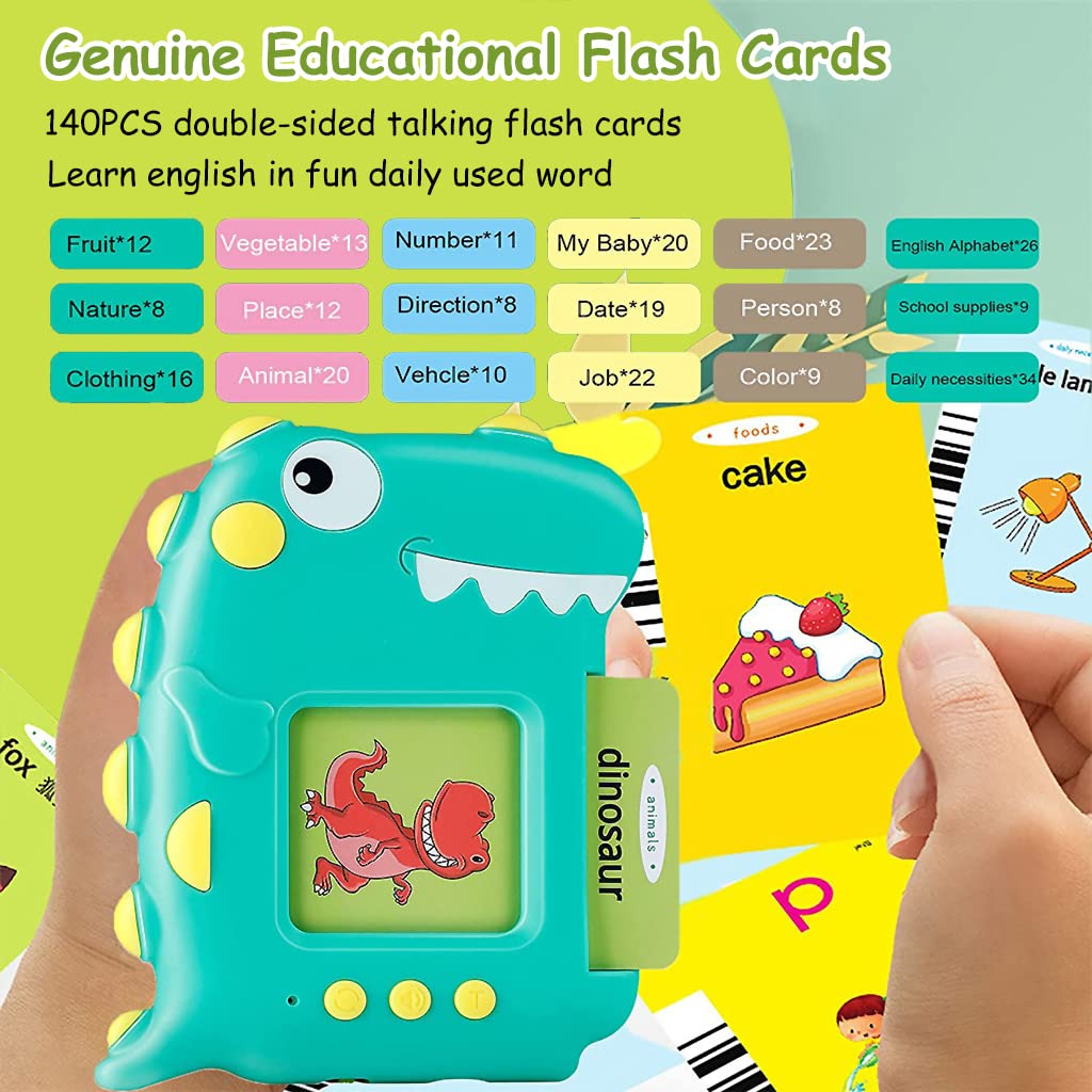 PATPAT Flash Cards for Kids,Educational Toys for Kids,English Words Learning Machine for Kids ,Dinosaur Reading Machine Best Gifts for Preschool Kids Boys Girls Toddlers - Green,140 Flash Cards