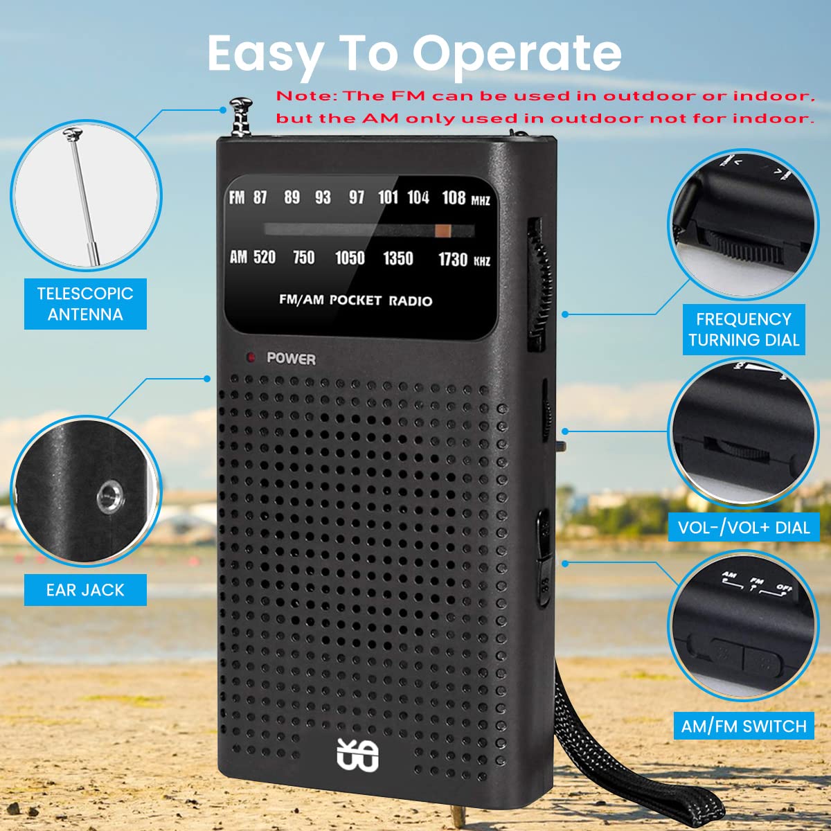 HASTHIP Portable HiFi AM/FM Radio Pocket Radio Player Operated Portable Radio with Speaker, 3.5mm Headphone Jack, 2AA Battery Powered Radio Operated with Long Range Reception for Indoor Outdoor Emergency Use