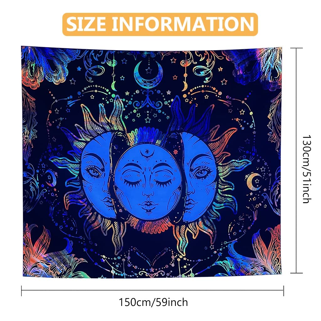 HASTHIP® Uv Luminous Tapestry Uv Reactive Tapestry Glow In The Dark Sun And Moon Tapestry Uv Reactive Tapestry Wall Hanging (51Inch X 59Inch) (Multi-Colour)