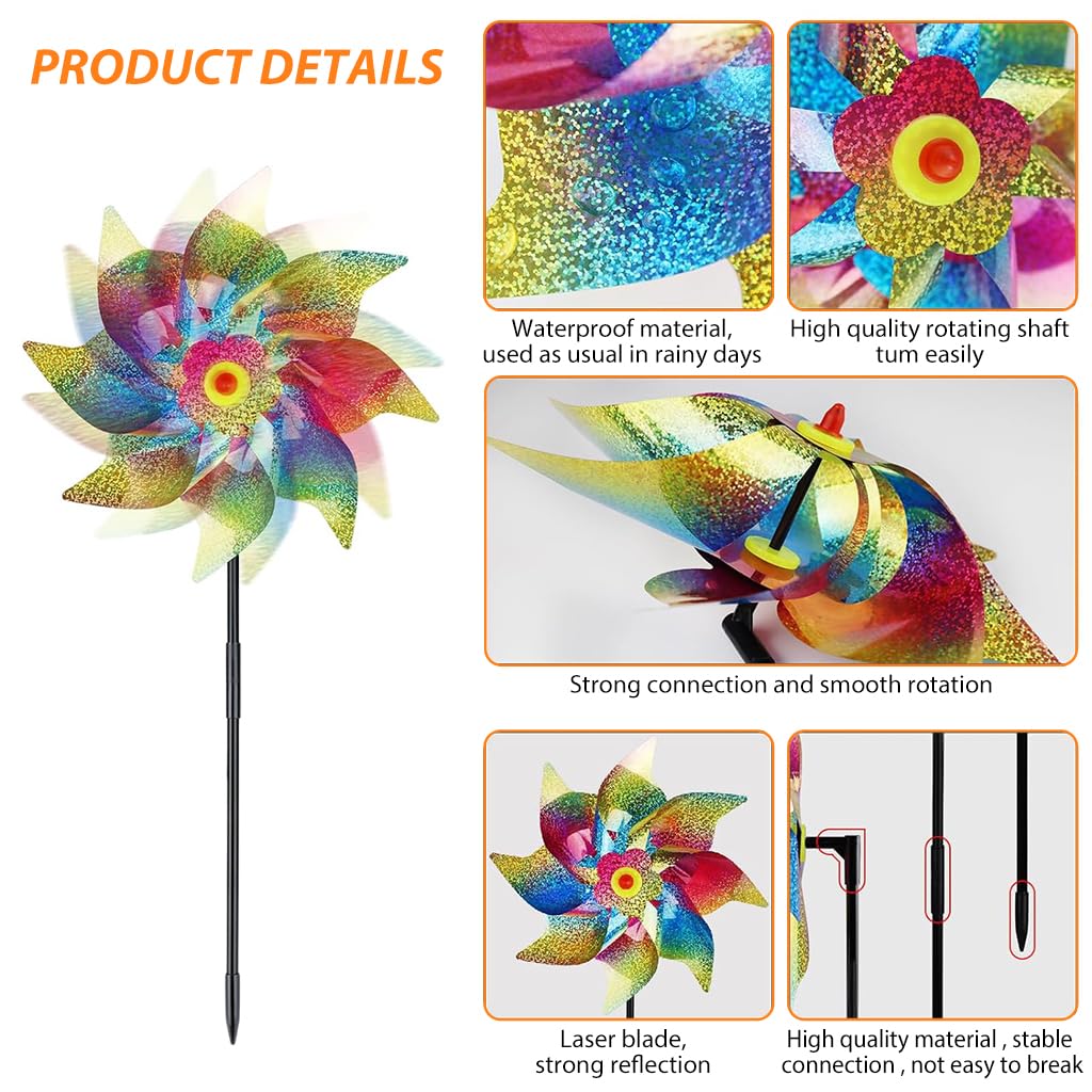 HASTHIP® 5Pcs Bird Repellent for Balcony, Colorful Reflective Pinwheels Pigeon Scarer, Ornamental 8-blade Windmill Anti Bird Device for Roof Edge, Fence, Garden Yard Lawn