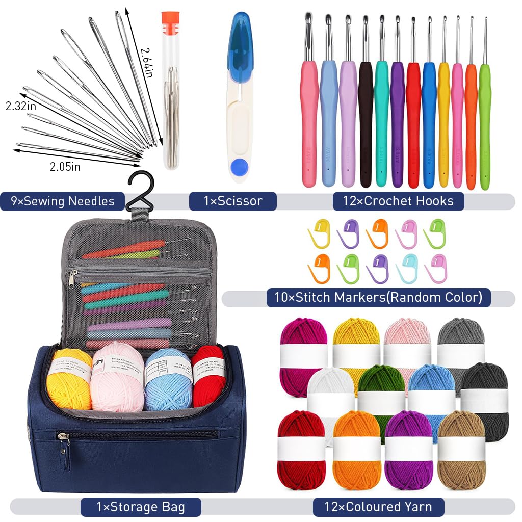 HASTHIP® 9Pcs Crochet Hooks Stitching Needles Set with Storage Bag, 6 Large Eye Stitching Needles, 20Pcs Color Stitch Marks Anti-slip Rubberized Handle Crochet Hooks Beginners Crochet Kit