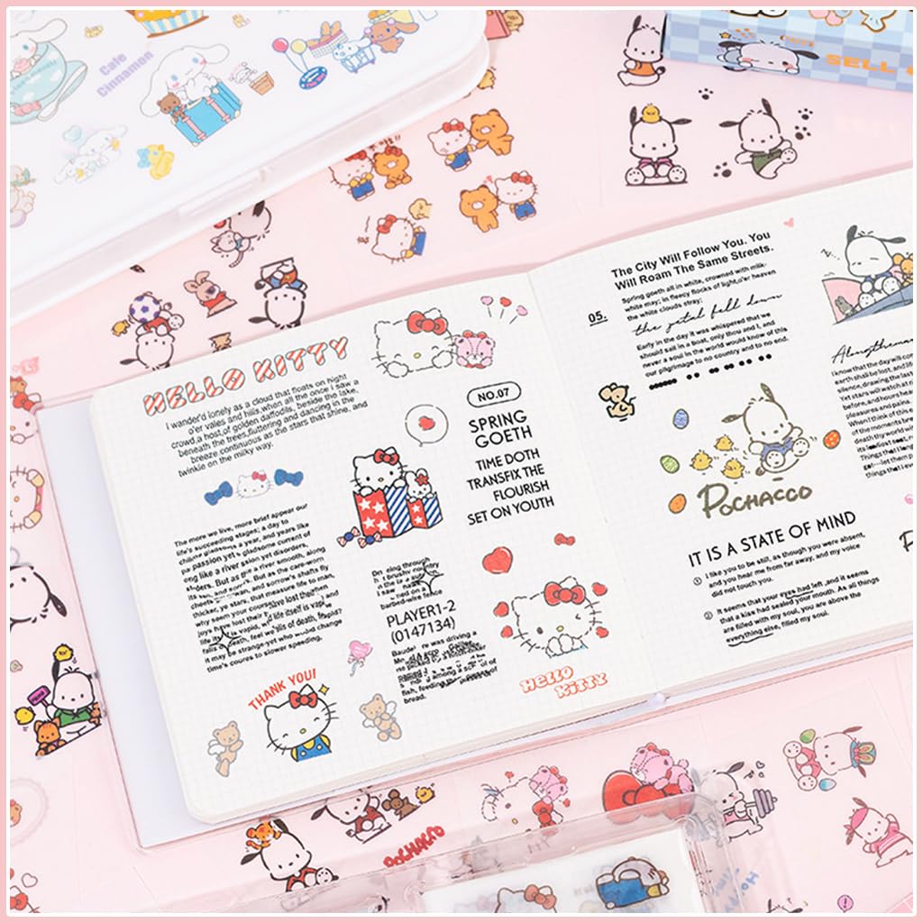 HASTHIP® 200Pcs Cute Cartoon Stickers PET Hello Kitty Sticker & Washi Stickers Set DIY Scrapbooking Kawaii Hello Kitty Stickers for Phone Case, Laptop Cover, Kids Water Bottle