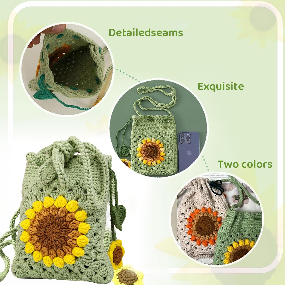 PATPAT DIY Crochet Phone Bag Material Kit for Beginners with Sunflower Pattern and Yarn Tutorial | Light Green Sling Craft Gift Set