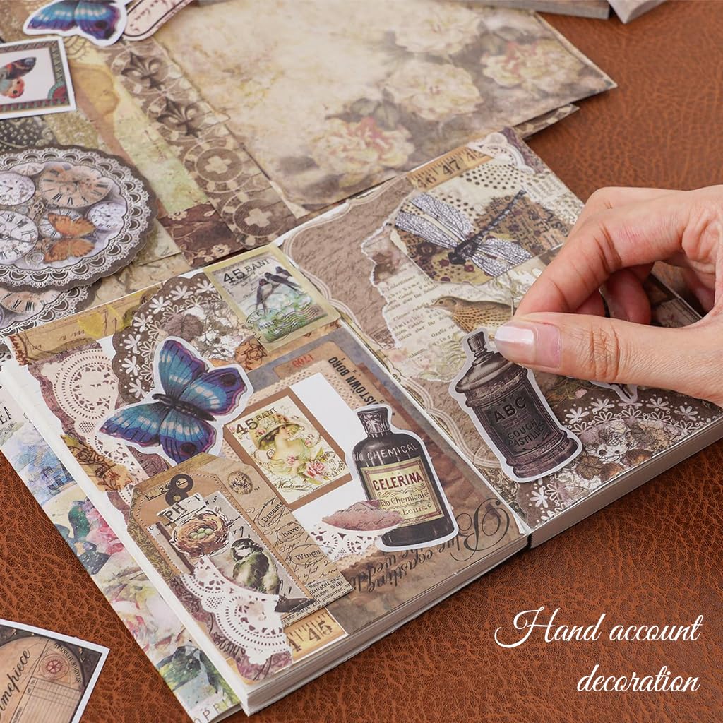 HASTHIP Vintage Journal Supplies Kit for Scrapbooking with 202 pcs A6 Notebook Set | Wisteria Flower Design