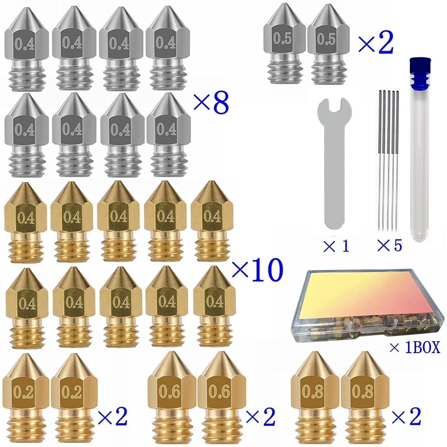 Serplex® 32PCS MK8 Nozzles 3D Printer Extruder Nozzles Hardened Steel, Stainless Steel, Brass High Temperature Pointed Wear Resistant Nozzle 0.4mm Compatible with CR-10 Ender 3/ V2 Ender3 pro