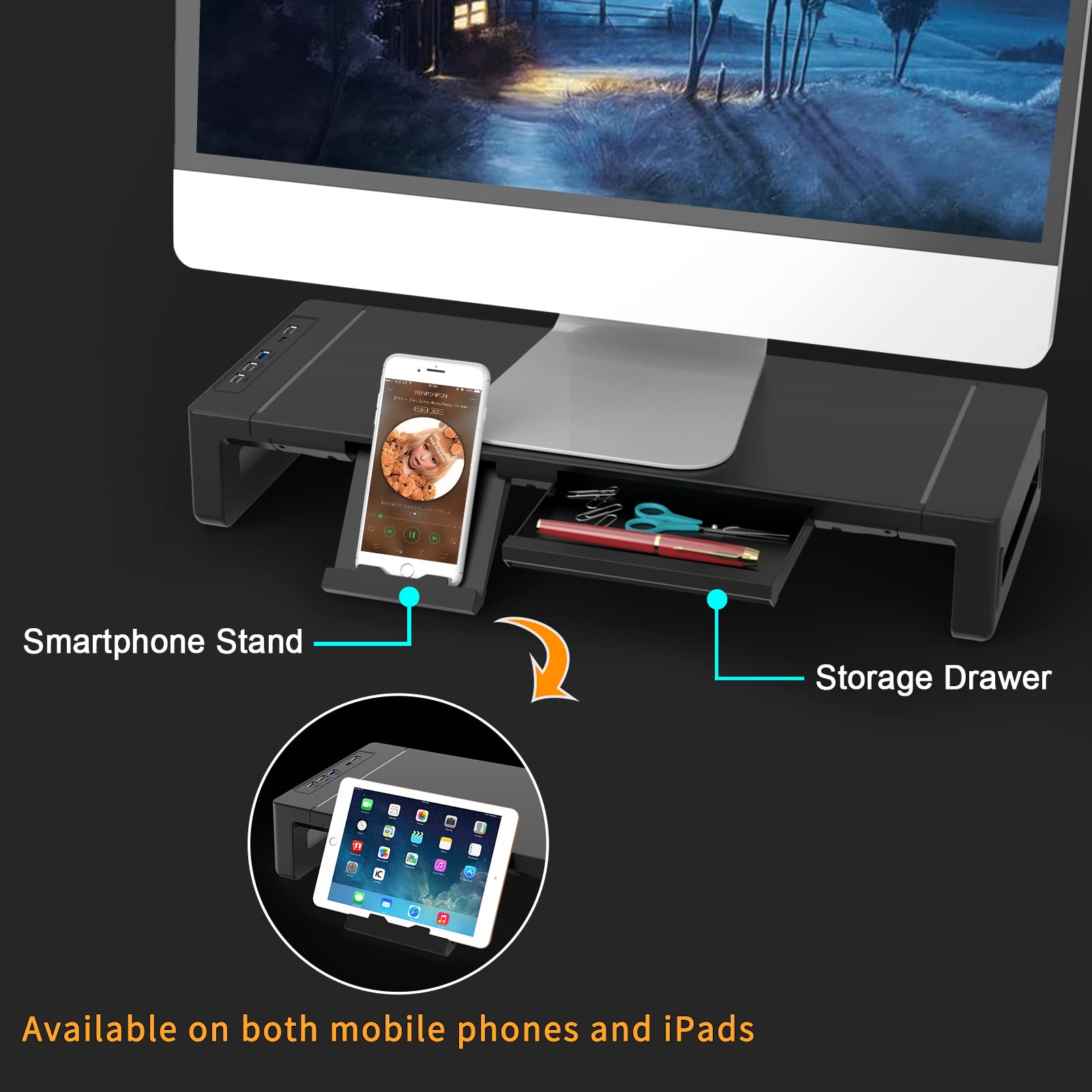 ZORBES Monitor Stand for Desk, Monitor Riser with USB A/C Ports, Phone Stand and Mini Drawer, Table Stand Monitor Mount Support Data Transfer, Charging, Desktop Stand for Monitor