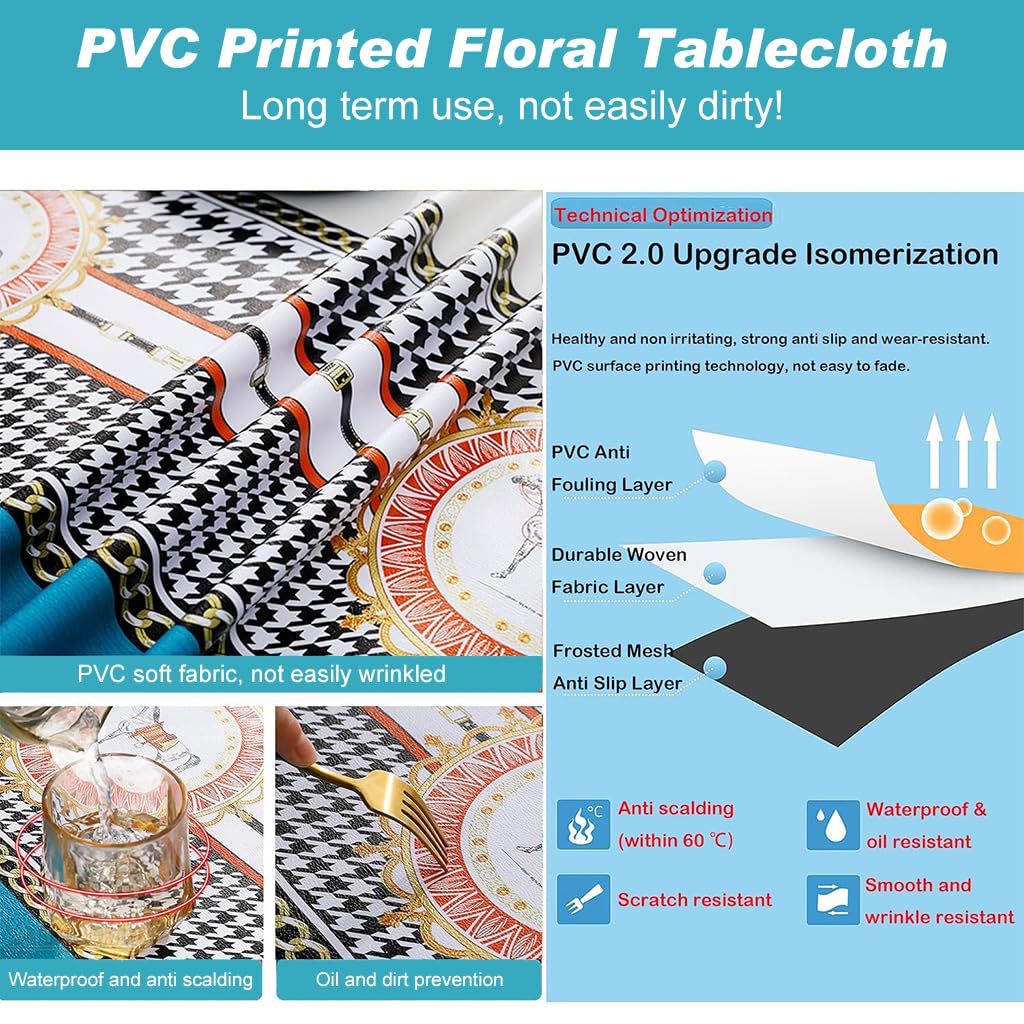 ZIBUYU® Dining Room PVC Tablecloth 140x220cm Waterproof Oil Resistant PVC Tablecloth Fashion Blue Orange Print Table Runner Print Tablecloth Modern Tablecloth for Rectangular Tables, Buffet Tables