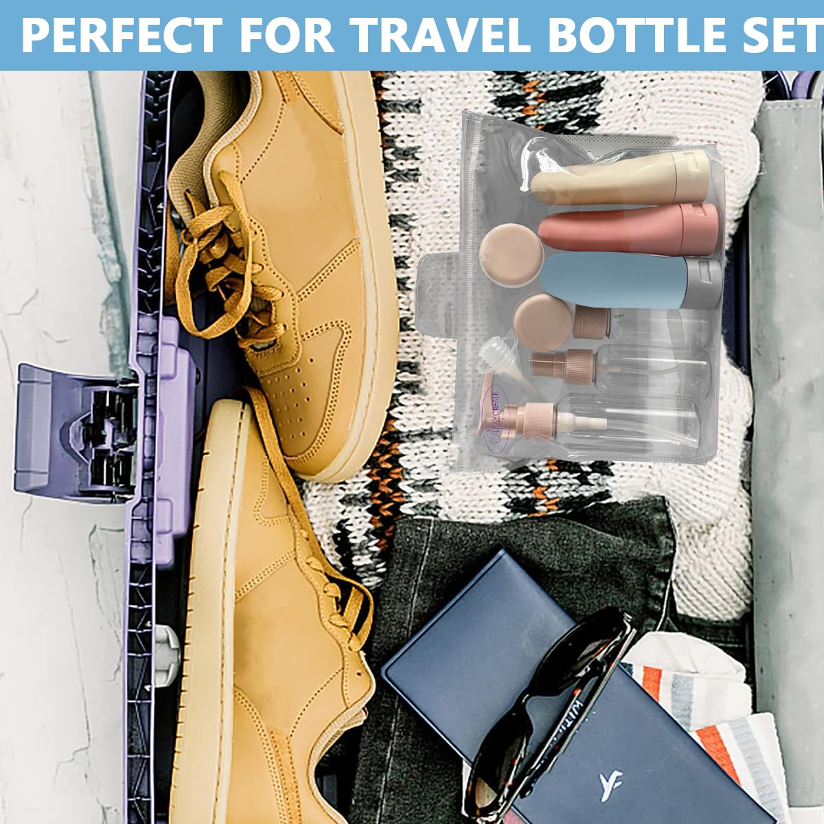 MAYCREATE Travel Bottles Set for Toiletries with 33 pcs Refillable Containers | PET PP PE Leakproof Design