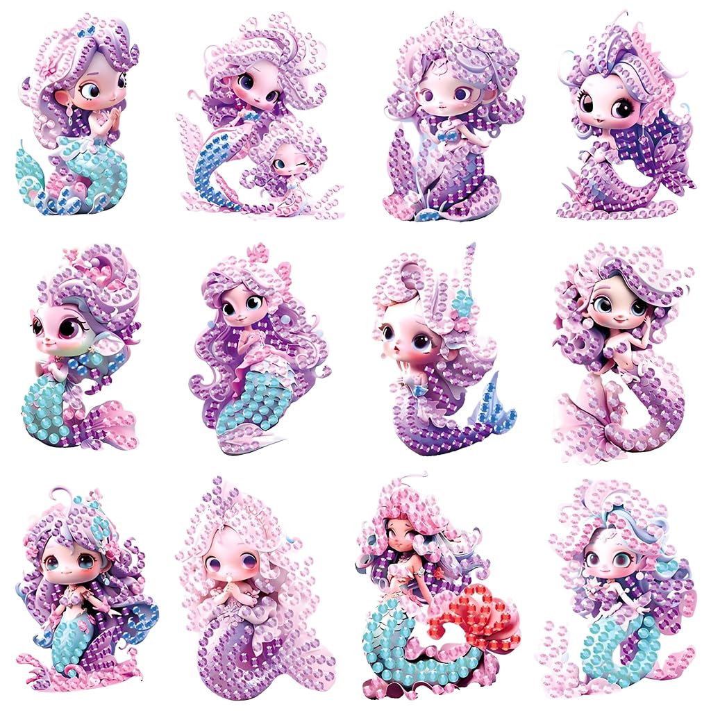 PATPAT Kawaii Diamond Art Stickers for DIY Crafts with 12 Mermaid Designs | Self‑Adhesive Gem Kit