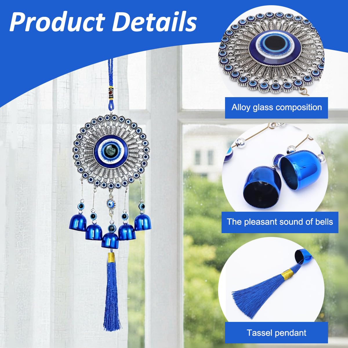ZIBUYU Blue Evil Eye Hanging Ornament for Home and Car with Metal Frame & Glass Amulet | Decorative Wall Charm for Protection and Good Luck