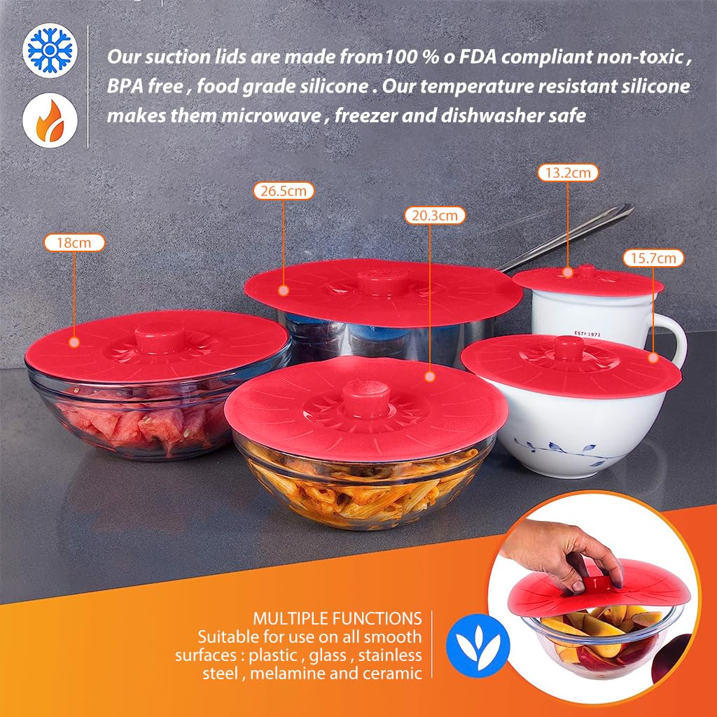 HASTHIP Silicone Bowl Covers for Pots and Containers featuring Suction Seal Lids 5 Sizes Red