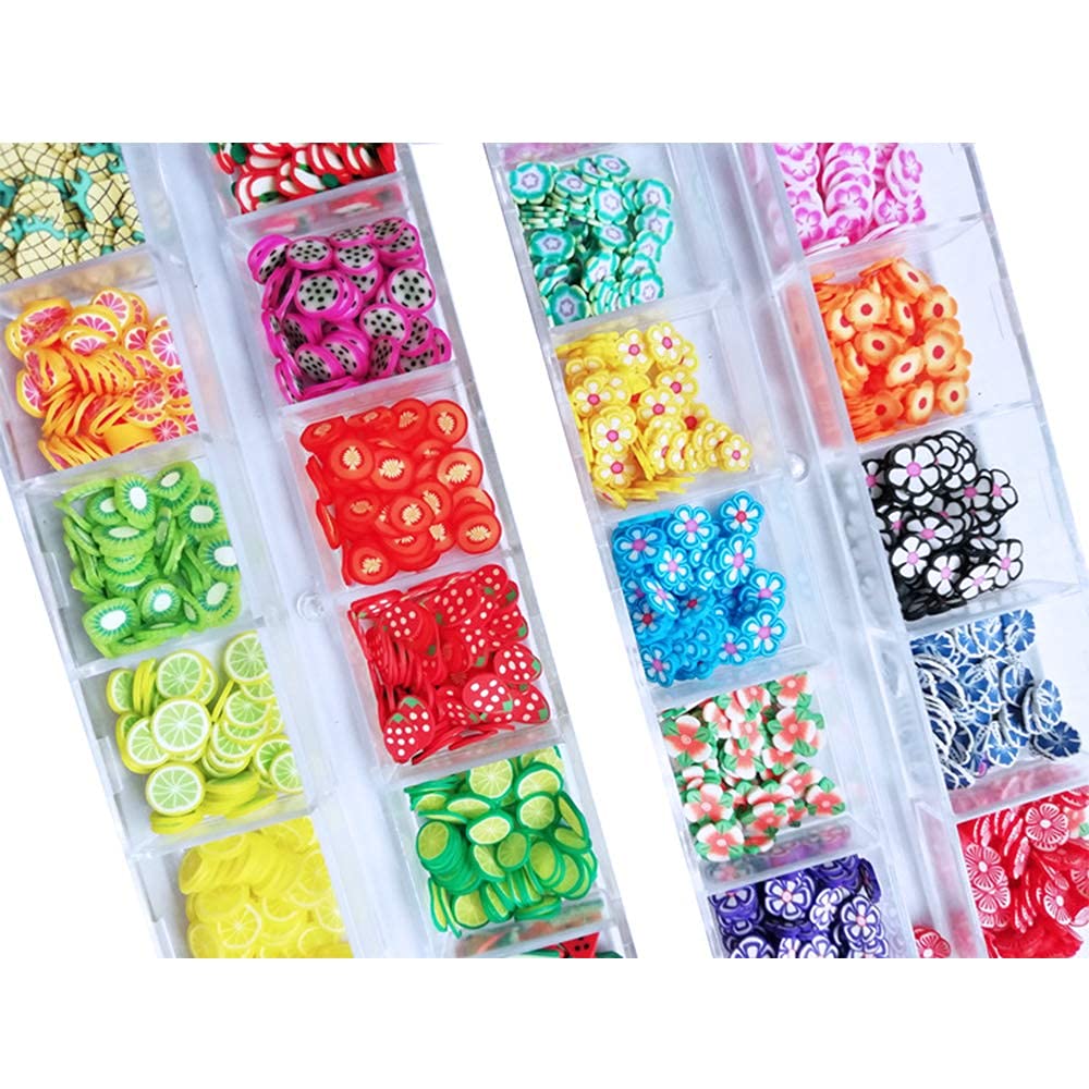 MAYCREATE 2 Boxes 3D Nail Art Kit Fruit Polymer Slices DIY Nail Art Slices Colorful Crystal Flower Fruit Clay Nail Slice Nails Sequins DIY Nail Art Marking Tools