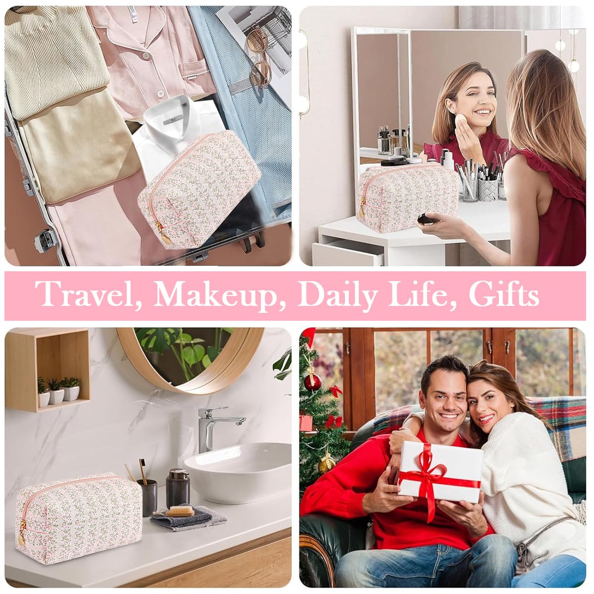 MAYCREATE Makeup Organizer Bag for Travel with Soft Cloth Build and Zipper Closure | Pink Floral 20.5x9x9.5cm Set